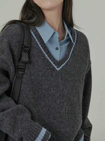 French Trim Dropped Shoulder V-Neck Long Sleeve Casual Sweater