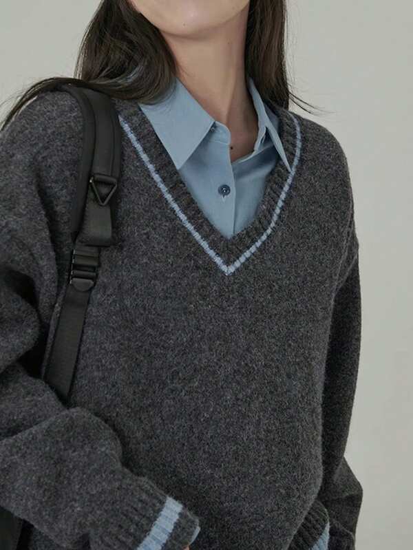 French Trim Dropped Shoulder V-Neck Long Sleeve Casual Sweater