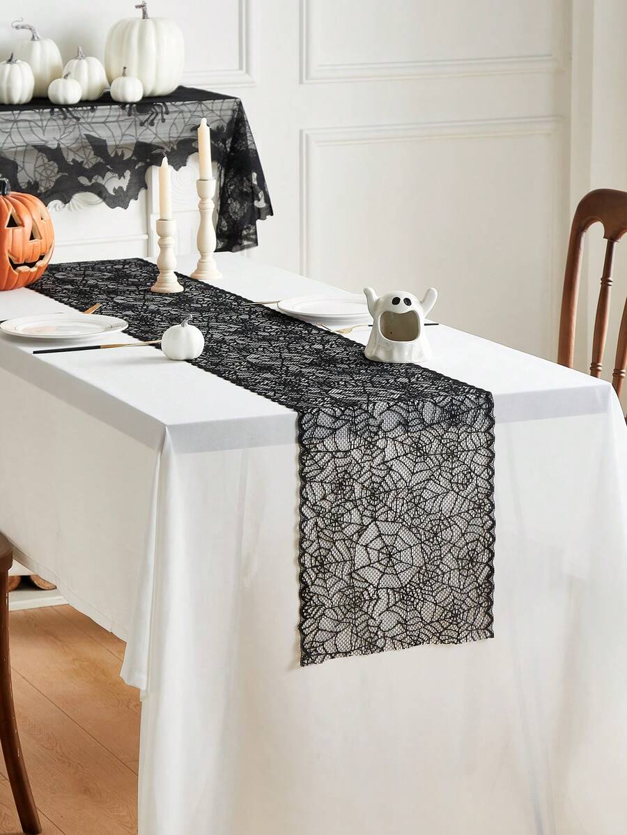 1pc Black Spiderweb Lace Table Runner, Square Black Polyester Halloween Atmosphere Table Scarf, Suitable For Halloween Party And Home Holiday Decor Halloween Party
