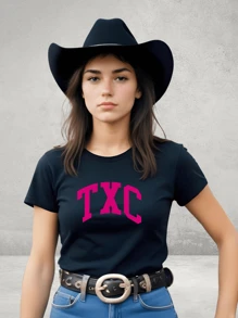 Women's Cotton T-Shirt Country Txc Pink Print Rodeo Texas Pawn Cowboy - 黑色 - 查看 2