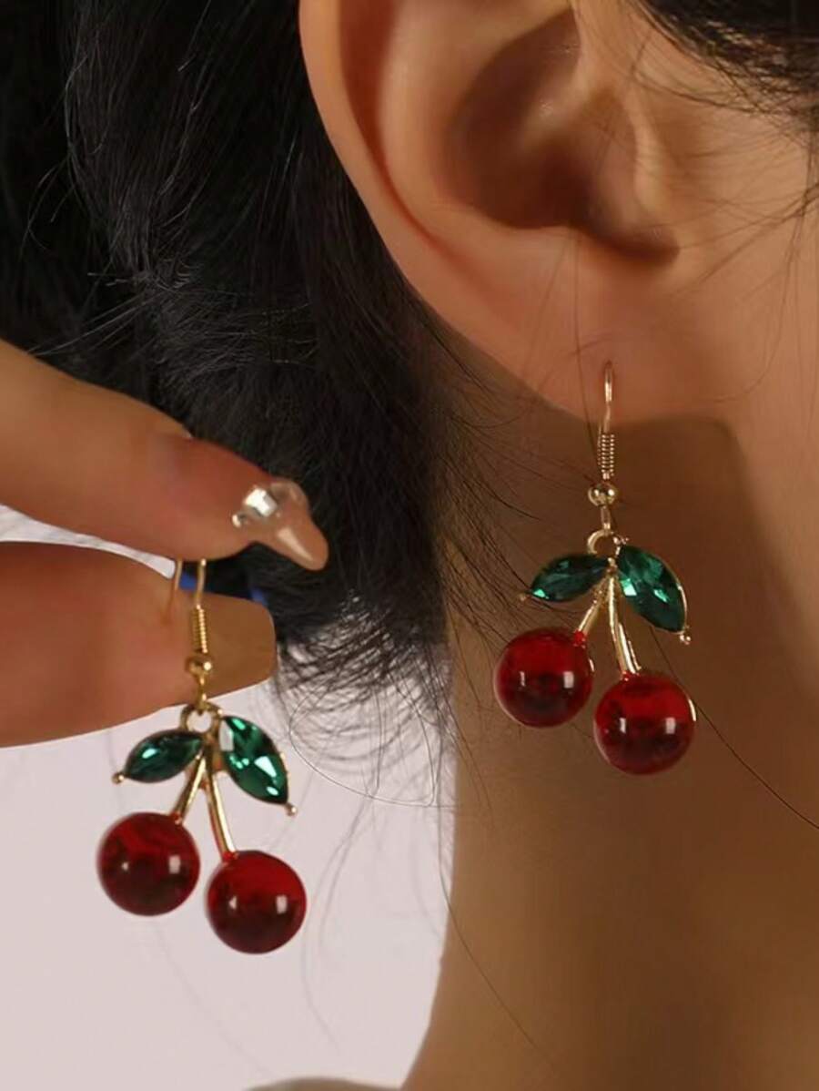 1 par de pendientes colgantes con diseño de cereza en tono rojo, adecuado para el uso cotidiano de las mujeres en otoño e invierno - Rojo - Ver 1