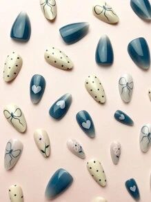 情人节美甲：30 件/套简约杏仁形心形、蝴蝶结、花卉图案粘性全覆盖按压假指甲，含 1 件果冻凝胶和 1 件指甲锉，适合女士和女孩、约会、派对、下午茶、户外美甲用品指甲 - 彩色 - 查看 3