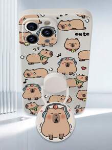 1 Stück Weiße TPU Cartoon Capybara Muster Stoßfeste Handyhülle & 1 Stück Cartoon Capybara Muster PC 360° drehbarer und faltbarer Handyhalter, kompatibel mit iPhone/Samsung/Xiaomi/OPPO Smartphones