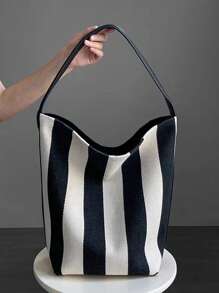 Niche Striped Canvas Bag 2026 Spring/Summer New Black And White Contrasting Women's Bag Color Blocked Women's Bag Wide Shoulder Strap Women's Bag Handbag High-End Sense Large Capacity Tote Bag Shoulder Bag Bucket Bag Simple And Atmospheric Minimalist Women's Bag Work Commuting Women's Bag Shopping Bag College Student Class Women's Bag - màu đen - Xem 4