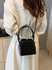 Mini Handbag With Detachable Strap, Black Crocodile Texture Crystal Cube Bag - Black - View 4