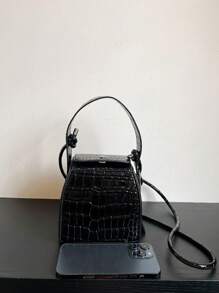 Mini Handbag With Detachable Strap, Black Crocodile Texture Crystal Cube Bag - Black - View 6