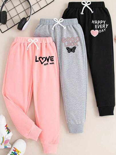 3pcs Set Tween Girls' Letter & Heart Print Sweatpants Athletic Outfit