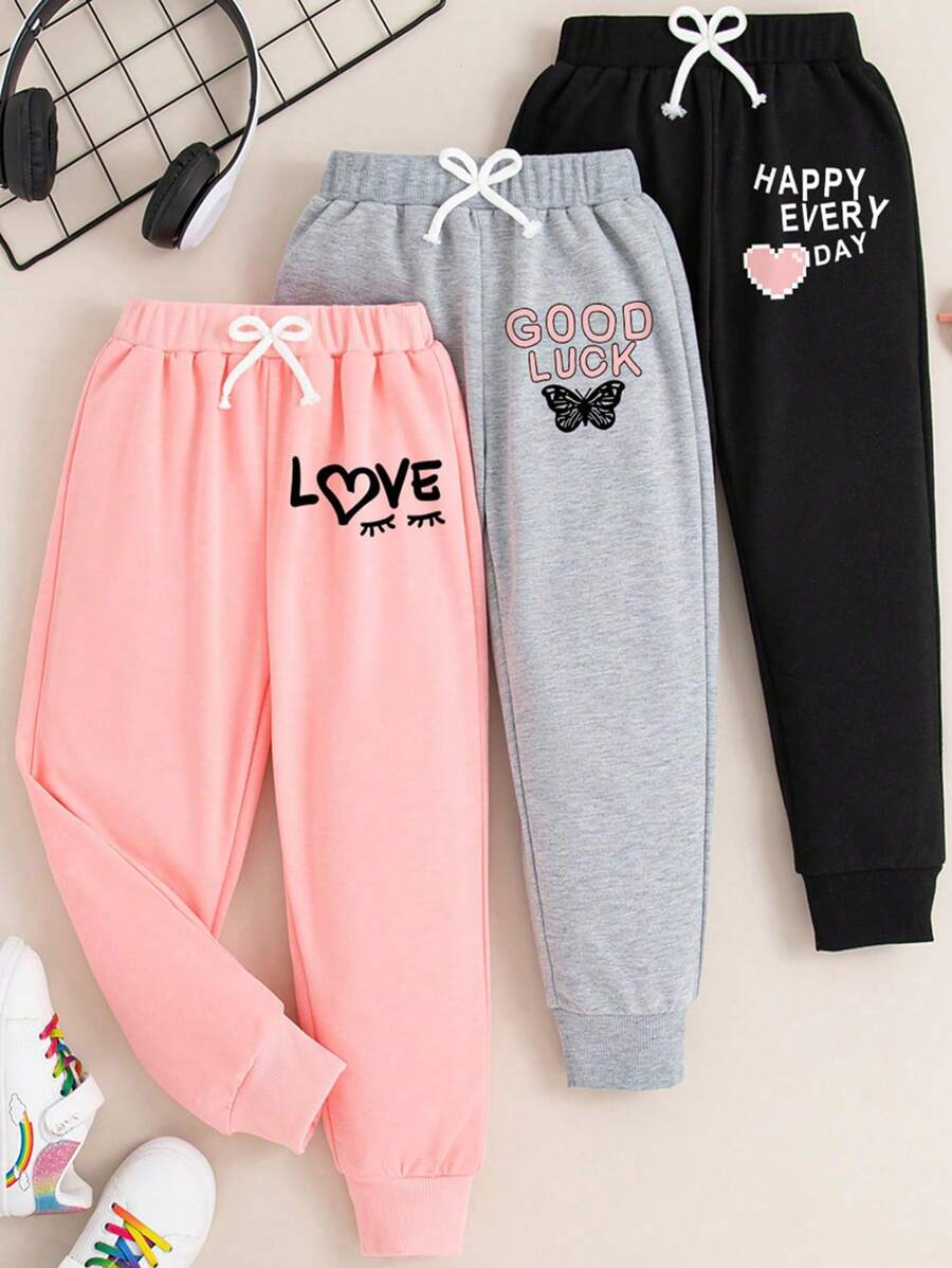 3pcs Set Tween Girls' Letter & Heart Print Sweatpants Athletic Outfit - Multicolor - View 1