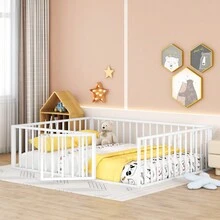Queen Size Metal Floor Bed Frame With Fence And Door, White - 白色 - 查看 7