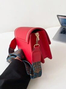 女士时尚包包，百搭新款斜挎包，休闲，拼色，小方包，宽肩带，适合聚会约会学校户外礼物 - 紅色 - 查看 8