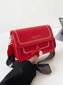 女士时尚包包，百搭新款斜挎包，休闲，拼色，小方包，宽肩带，适合聚会约会学校户外礼物 - 紅色 - 查看 2