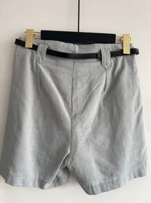 ISA FASHION Set Shirt + 100% Cotton Linen Shorts/Button/Zipper/Belt/Pocket/Lining/Feminine - 淺灰色 - 查看 3