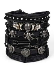6 bucăți/set stil punk craniu gotic decor în formă de chitară accente metalice brățară cu mai multe straturi din piele PU, potrivită pentru bărbați ținute zilnice și Halloween