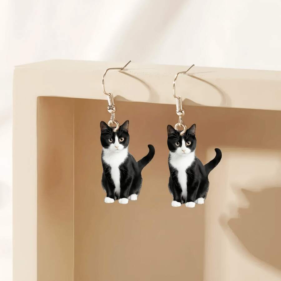 1pair Cute Black & White Cat Ear Acrylic Earrings: Adorable Cartoon Style Jewelry, Perfect Gift For Mom And Girlfriend, Ideal For Holidays And Mother's Day - Multicolor - View 1
