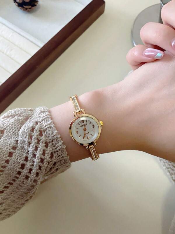 1pc Minimalist Thin Strap Watch, Women Fashion Elegant Gold Color Bracelet Watch Style, Daily Use