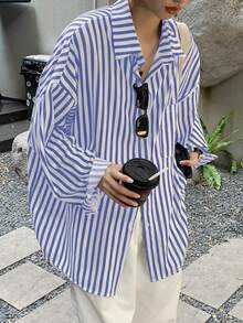 条纹印花纽扣前口袋休闲长袖衬衫 - 藍色 - 查看 3