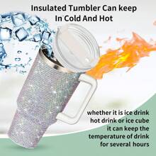 1pc 40 Oz Tumbler With Handle And Straw Lid, Studded Bling Diamond Tumbler, Stainless Steel Insulated Water Cup, Double Wall Travel Mug Fix For Car Cup Holder For Women - 黑色 - 查看 3
