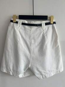 ISA FASHION Set Shirt + 100% Cotton Linen Shorts/Button/Zipper/Belt/Pocket/Lining/Feminine - 白色 - 查看 3