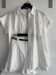 ISA FASHION Set Shirt + 100% Cotton Linen Shorts/Button/Zipper/Belt/Pocket/Lining/Feminine - 白色 - 查看 1