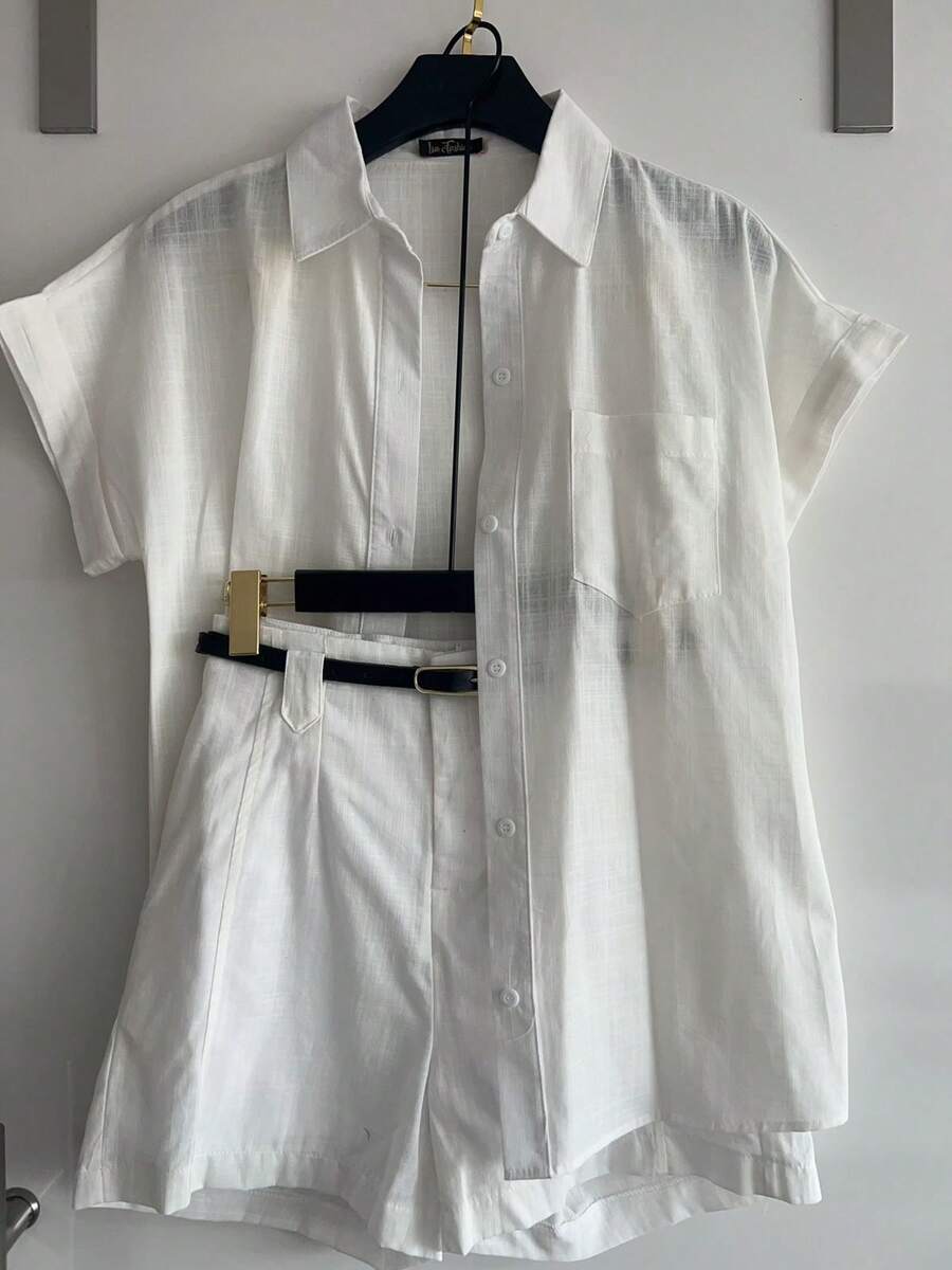 ISA FASHION Set Shirt + 100% Cotton Linen Shorts/Button/Zipper/Belt/Pocket/Lining/Feminine - 白色 - 查看 1