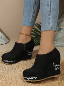 Thick-Sole Platform Zipper Suede Embroidered Velvet Short Boots For Women, Super High Heel, Waterproof, Comfortable, All-Match - Black - View 3