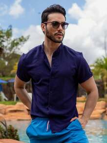 Men's Short Sleeve Shirt With Priest Collar Elegant Casual Party Work - 藏蓝色 - 查看 4