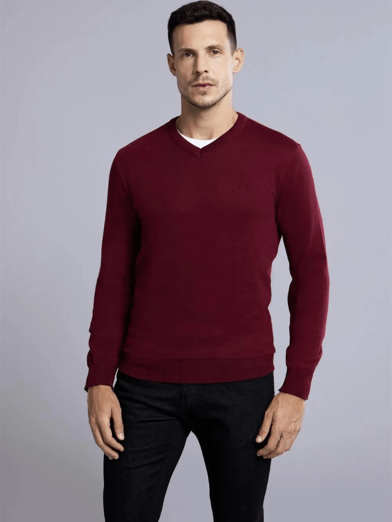 Men's V-Neck Blouse HALF KNIT KNITTING SWEATER - Màu Đỏ Sâu - Xem 1