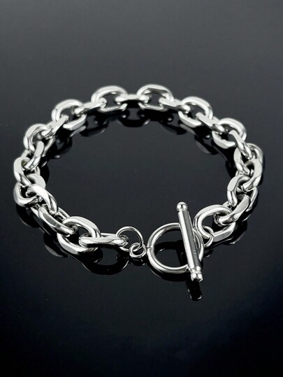 1pc Fashionable Stainless Steel O-Shape Angle OT Clasp Thick Men's Bracelet, Suitable For Daily Wear