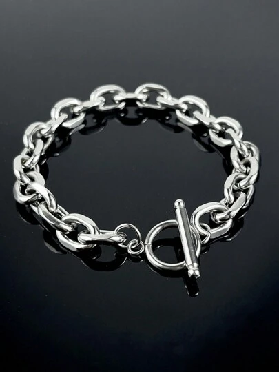 1pc Fashionable Stainless Steel O-Shape Angle OT Clasp Thick Men's Bracelet, Suitable For Daily Wear