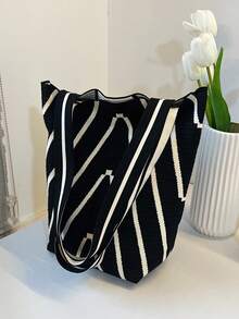 Bolso de mano de gran capacidad con diseño de patchwork de rayas, bolso de moda de debajo del brazo - Negro - Ver 1