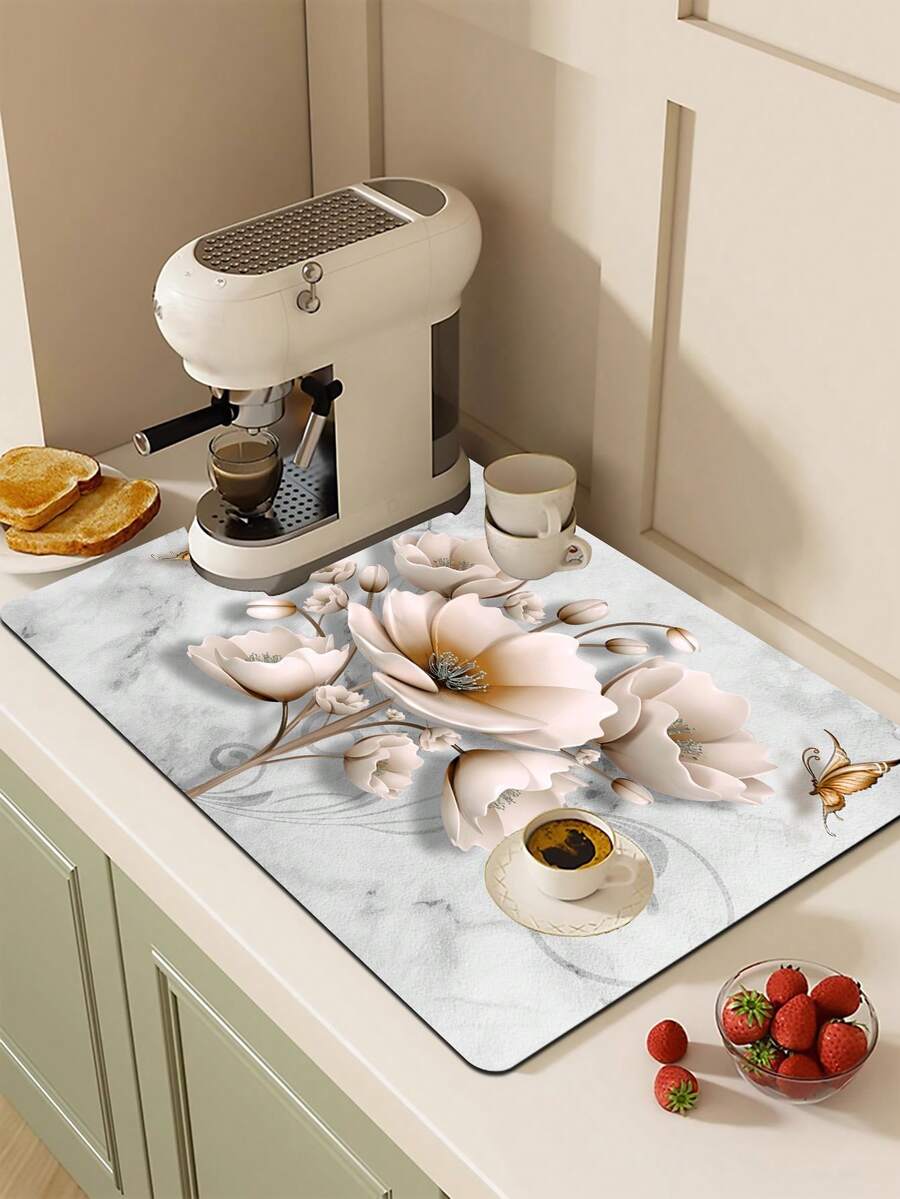 1 cái, Máy pha cà phê in hoa Tấm thoát nước bùn tảo cát, Tấm thoát nước cao su mềm, Tấm lót khô rửa chén siêu thấm và chống mài mòn chống trượt, Tấm lót cho bàn ăn trên bàn bếp, Trang trí bàn sân, Đồ dùng nhà bếp gia đình - Nhiều màu - Xem 1