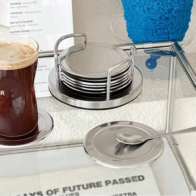 1set/7pcs Vintage Stainless Steel Coasters, Includes Coaster Holder & 6 Coasters