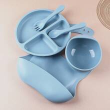 Set da 5 pezzi di stoviglie in silicone per bambini, prodotti per lo svezzamento, set di alimentazione in silicone per bambini, piatto con ventosa e scomparti, bavaglino regolabile, cucchiaio e forchetta morbidi, utensili per l'alimentazione autonoma di neonati e bambini