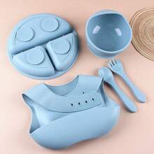 Set da 5 pezzi di stoviglie in silicone per bambini, prodotti per lo svezzamento, set di alimentazione in silicone per bambini, piatto con ventosa e scomparti, bavaglino regolabile, cucchiaio e forchetta morbidi, utensili per l'alimentazione autonoma di neonati e bambini