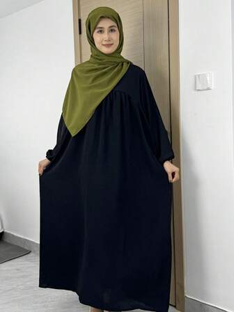 Spring Autumn Women Loose Modest Dress Fashion Female Full Sleeve Crew Neck Casual Solid Pockets Robe Long Modest Dresses