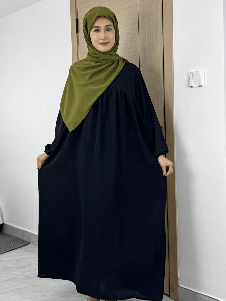 Spring Autumn Women Loose Modest Dress Fashion Female Full Sleeve Crew Neck Casual Solid Pockets Robe Long Modest Dresses - Black - View 1