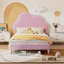 Twin Size Upholstered Cloud-Shape Bed ,Velvet Platform Bed With Headboard,No Box-Spring Needed,Pink