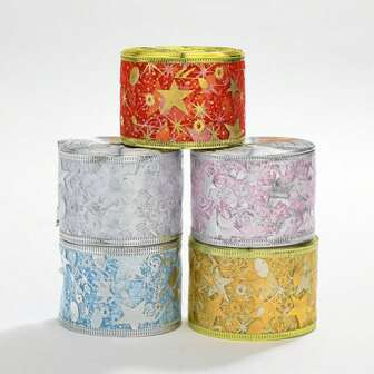 1 Roll 2m 50mm Christmas Double-Layer Metallic Printed Tulle Ribbon With Metal Wired Star Decoration,Christmas Valentine Day