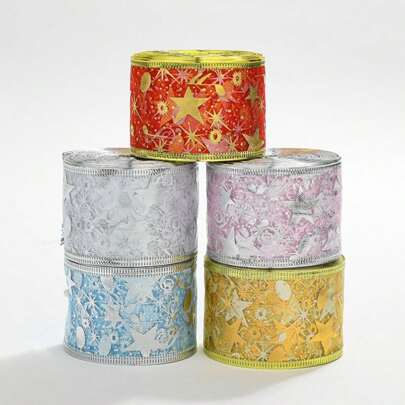 1 卷 2 米 50 毫米圣诞双层金属印花薄纱丝带，带金属丝星星装饰，圣诞节情人节