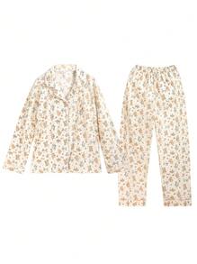 2 件套女士宽松狗图案睡衣套装，杏色长袖上衣和裤子，适合家居服，两件套 - 杏色 - 查看 6