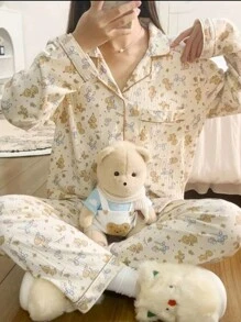 2 件套女士宽松狗图案睡衣套装，杏色长袖上衣和裤子，适合家居服，两件套 - 杏色 - 查看 4