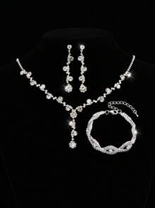 水钻项链首饰套装，闪亮花朵吊坠项链、耳环和手链，适合新娘和伴娘佩戴 - 銀色 - 查看 7