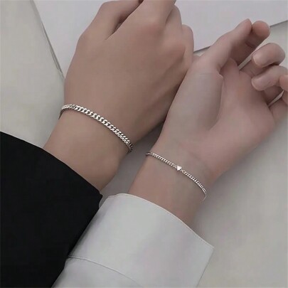 2PCS Stainless Steel Casual Couple Bracelet, Perfect For Daily Wear And Travel, Great Valentine's Day Gift! Valentines Fathers Day Gift School Halloween Accessories Punk