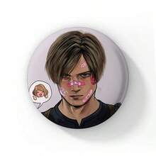 58mm New Leon Kennedy Pink Bow Heart Cute Button Pin Evil Game Creative Leon Brooch Badge For Bag Accessories Friends Gift - 58mm - View 4