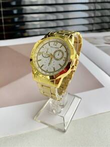 1pc Gold Color Large Dial Watch, Quartz Movement, Suitable For Business, Casual And All-Match For Both Men And Women - Gold - View 11