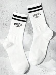 男士條紋和字母圖案中筒襪 - 黑與白 - 查看 6