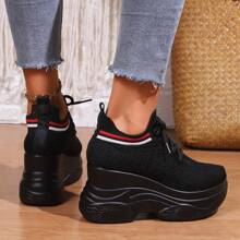 Women's Black Sneakers With Red Trim, Thick Soles, Fashionable Casual Shoes For All Seasons - Black - View 5