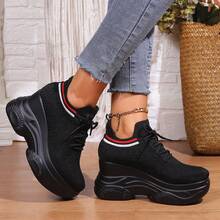 Women's Black Sneakers With Red Trim, Thick Soles, Fashionable Casual Shoes For All Seasons - Black - View 4