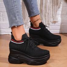 Women's Black Sneakers With Red Trim, Thick Soles, Fashionable Casual Shoes For All Seasons - Black - View 1