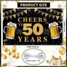 1 peça, Painel Decorativo de Aniversário de 50 Anos Feliz, Decoração de Festa com Bottom Preto e Dourado Saudações 50 Anos para Foto, Pôster de Cabine Fotográfica de Aniversário de 50 Anos Preto e Dourado para Decoração de Festa Interna e Externa - Multicolorido - Visão 2